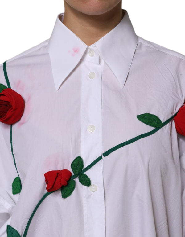 White Cotton Floral Appliques Dress Shirt Top