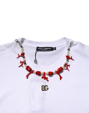 White Embellished Cotton Crew Neck T-shirt