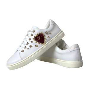 White Leather Gold Red Heart Sneakers Shoes