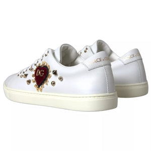 White Leather Gold Red Heart Sneakers Shoes