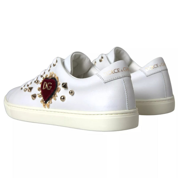 White Leather Gold Red Heart Sneakers Shoes