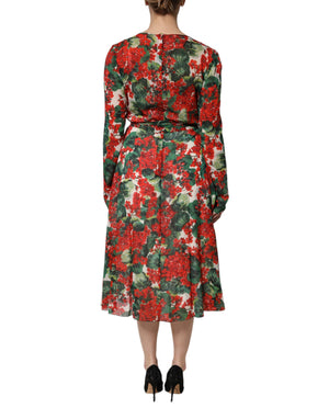Multicolor Floral Long Sleeves V-neck Dress