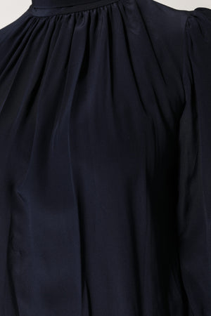 Blue Silk Mock Neck Long Sleeves Blouse Top