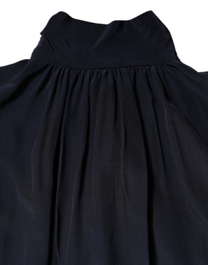 Blue Silk Mock Neck Long Sleeves Blouse Top