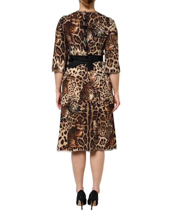 Brown Leopard Print Belted A-line Midi Dress