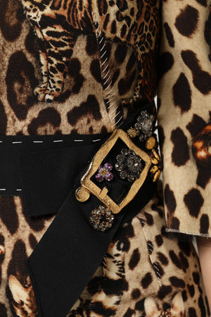 Brown Leopard Print Belted A-line Midi Dress