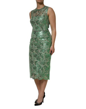Green Cotton Floral Lace Sheath Midi Dress