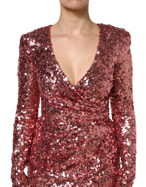 Pink Sequin Statement Nylon Midi V-Neck Dress