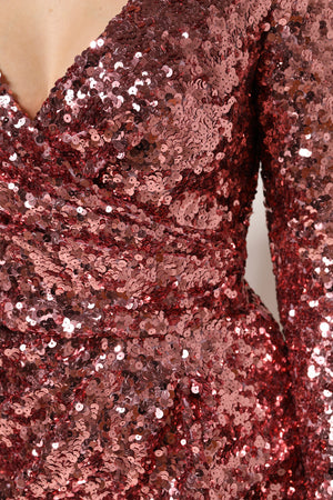 Pink Sequin Statement Nylon Midi V-Neck Dress