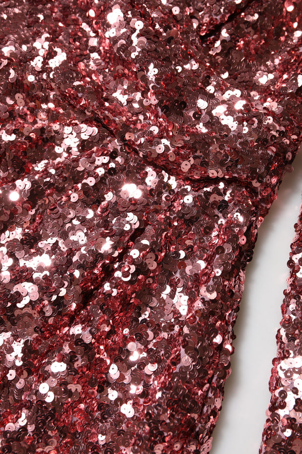 Pink Sequin Statement Nylon Midi V-Neck Dress