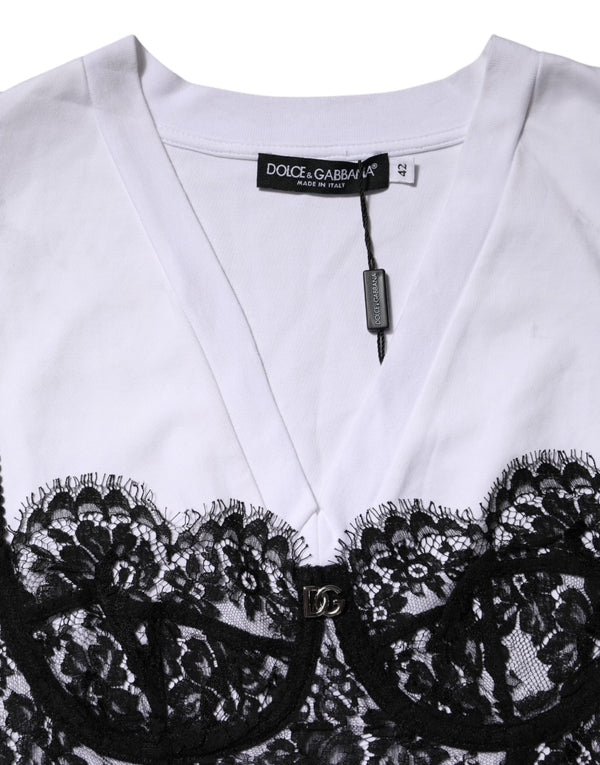 White Lace Cotton V-Neck Short Sleeves Top