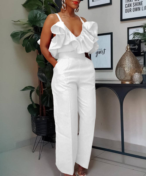 Stylish V-Neck Ruffled Halter Top High-Waisted Pantsuit Fun