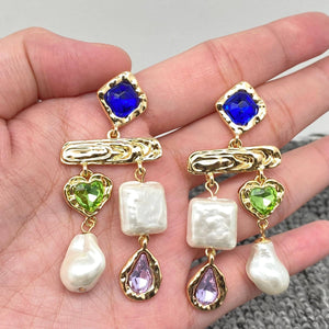 Multicolor Gem & Pearl Statement Drop Earrings