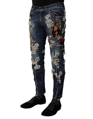 Blue Cotton Rhinestone Embellish Denim Jeans