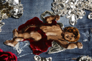 Blue Cotton Rhinestone Embellish Denim Jeans