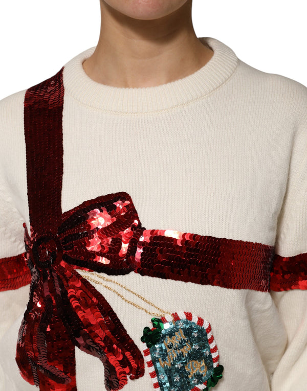 White Sequined Crew Neck Pullover Sweater