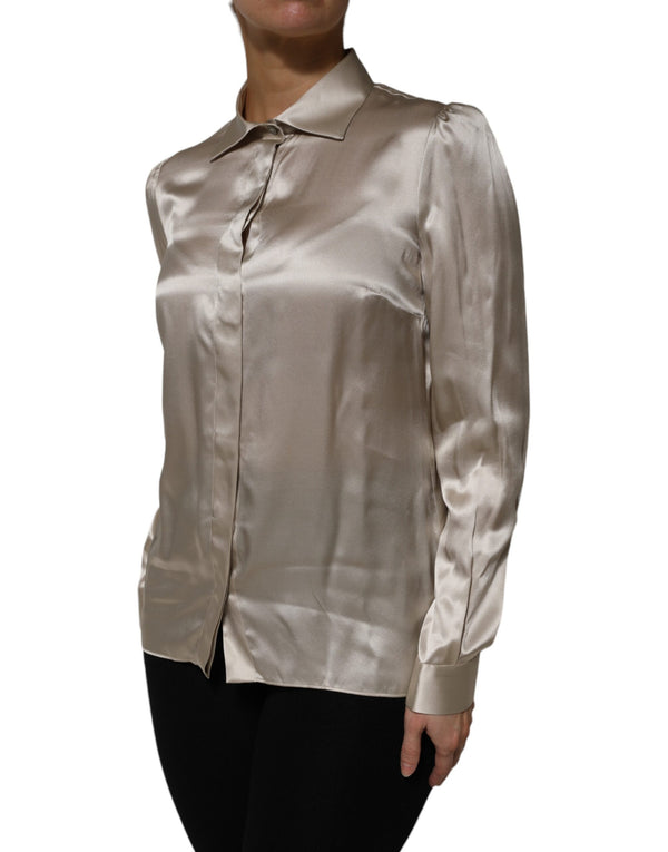 Beige Satin Silk Collared Long Sleeves Top