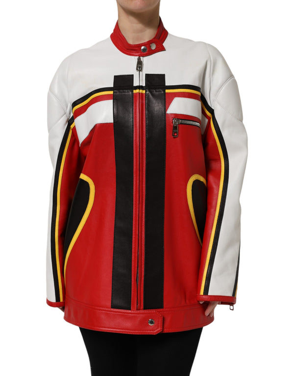Multicolor Leather Biker Full Zip Coat Jacket