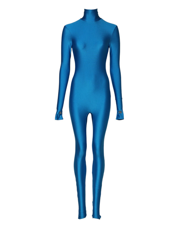 Blue Nylon Turtleneck Bodycon Jumpsuit Dress