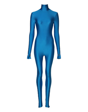 Blue Nylon Turtleneck Bodycon Jumpsuit Dress