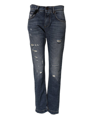 Blue Cotton Tattered Boyfriend Denim Jeans