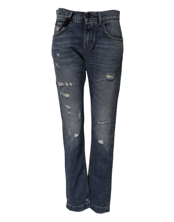 Blue Cotton Tattered Boyfriend Denim Jeans