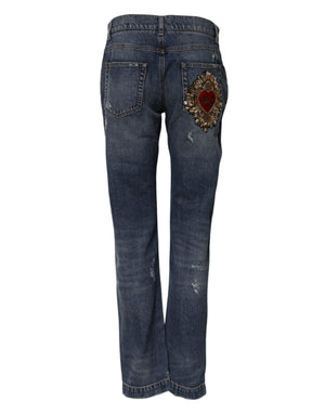 Blue Cotton Tattered Boyfriend Denim Jeans