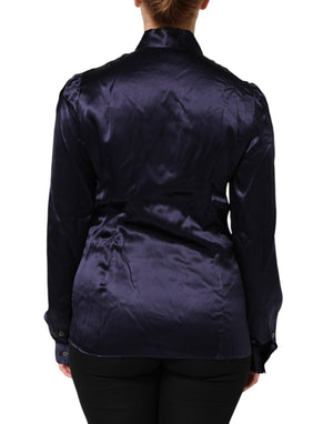 Dark Purple Silk Ascot Collared Blouse Top