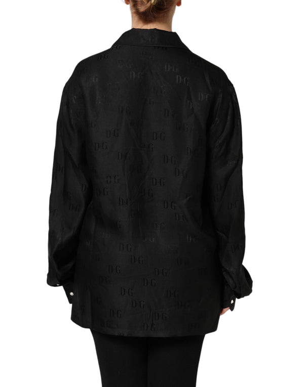 Black Silk DG Embroidery Long Sleeves Top