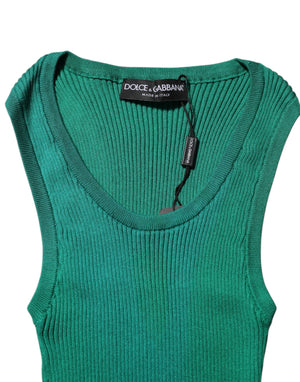 Green Silk Sleeveless Round Neck Tank Top
