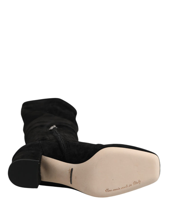 Black Suede Leather Knee High Boots Shoes