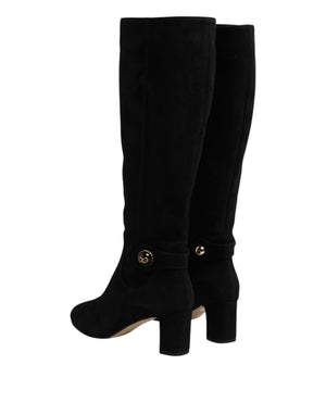 Black Suede Leather Knee High Boots Shoes