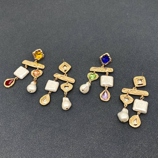 Multicolor Gem & Pearl Statement Drop Earrings