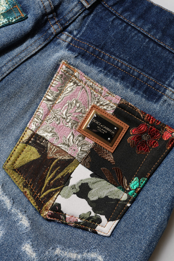 Blue Cotton Tattered High Waist Denim Jeans