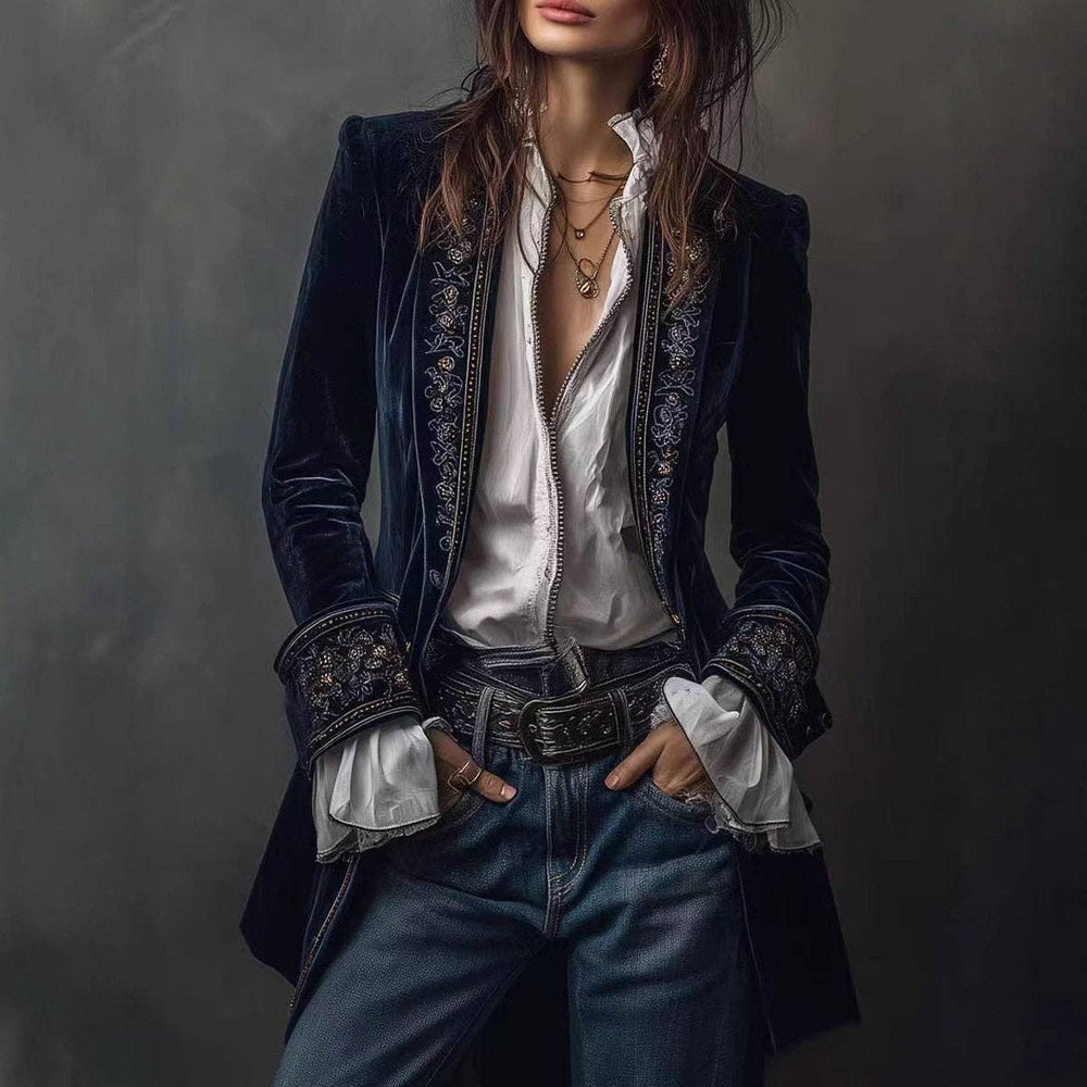 Women's Long Sleeve Solid Color Lace Velvet Jacket