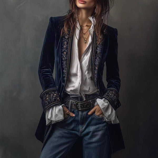 Women's Long Sleeve Solid Color Lace Velvet Jacket