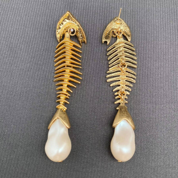 18K Gold-Plated Pearl Fishbone Drop Earrings