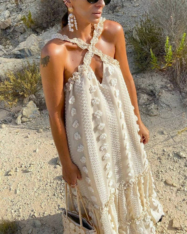 Halterneck Three-Dimensional Flower Cake Dress
