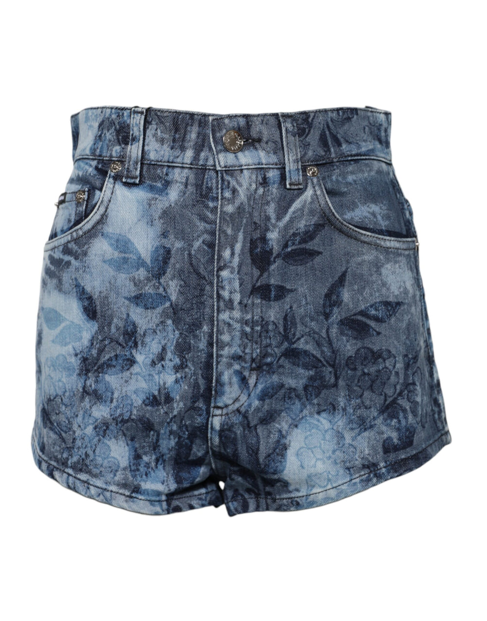 Blue Floral Print Denim Cotton Hot Pants Shorts