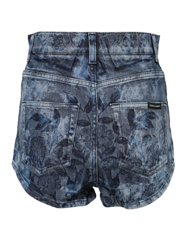 Blue Floral Print Denim Cotton Hot Pants Shorts