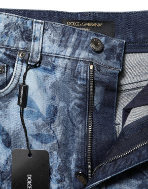 Blue Floral Print Denim Cotton Hot Pants Shorts