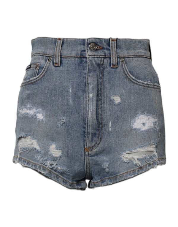 Blue Tattered Denim Cotton Hot Pants Shorts