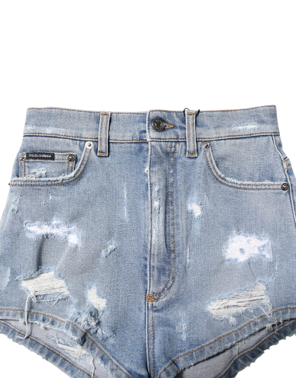 Blue Tattered Denim Cotton Hot Pants Shorts