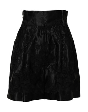 Black Floral Embroidery Silk High Waist Shorts