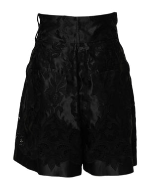 Black Floral Embroidery Silk High Waist Shorts