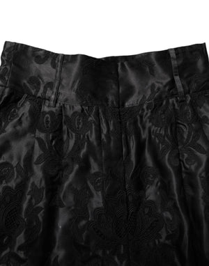 Black Floral Embroidery Silk High Waist Shorts