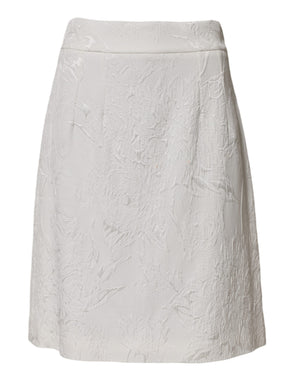White Floral Brocade A-line High Waist Skirt