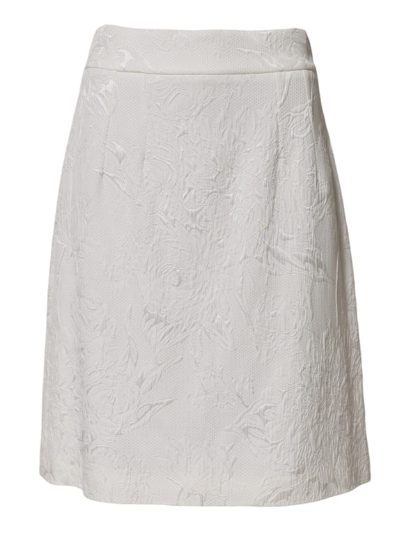 White Floral Brocade A-line High Waist Skirt