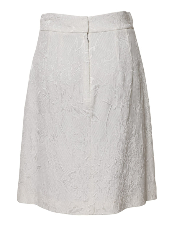White Floral Brocade A-line High Waist Skirt