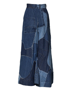 Blue Denim Long Maxi Patchwork Cotton Skirt